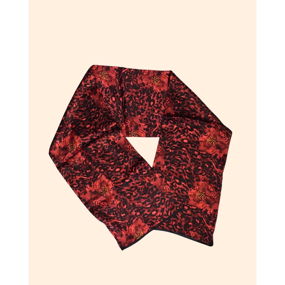 Bernie of New York Red Black Animal Print Silk Scarf Made in USA Floral Accents
